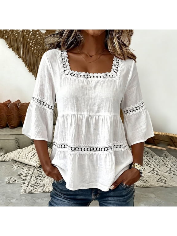 Cotton Linen Blouses for Women 3/4 Sleeve Tshirts Cotton Eyelet Tops for Women Dressy Casual Office Tops Summer Gauze Shirts Women Casual Daily Wear Blouses A2-white M