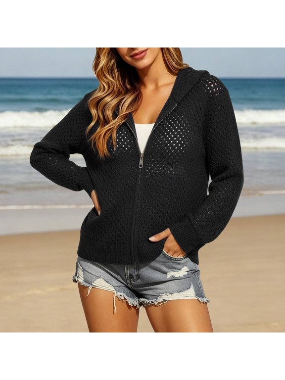 Crochet Cardigan for Women Full Zip Hooded Hollow Out Fishnet Knit Jacket Long Sleeve Relaxed Fit with Hand Pockets Airy Lightweight Casual Beach Summer Swim Cover Up Outfits Black 2XL
