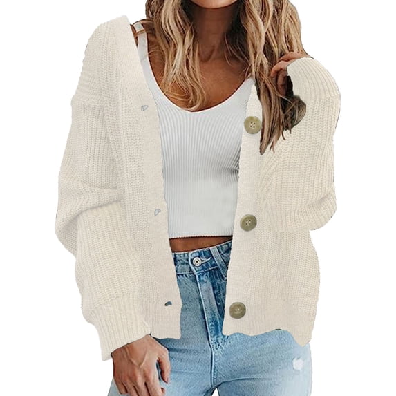 Nooxsoe Cropped Cardigan for Women Casual Lightweight Cardigan Sweaters Open Front Sweater Button Up Trendy Casual V-neck Warm Cardigans Womens Sweater Cardigan White S