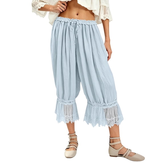 Nooxsoe Lace Long Bloomer Pants for Women Ruffle Pantaloons Pettipants Pants Capri Pajama Bottoms A1-light Blue M