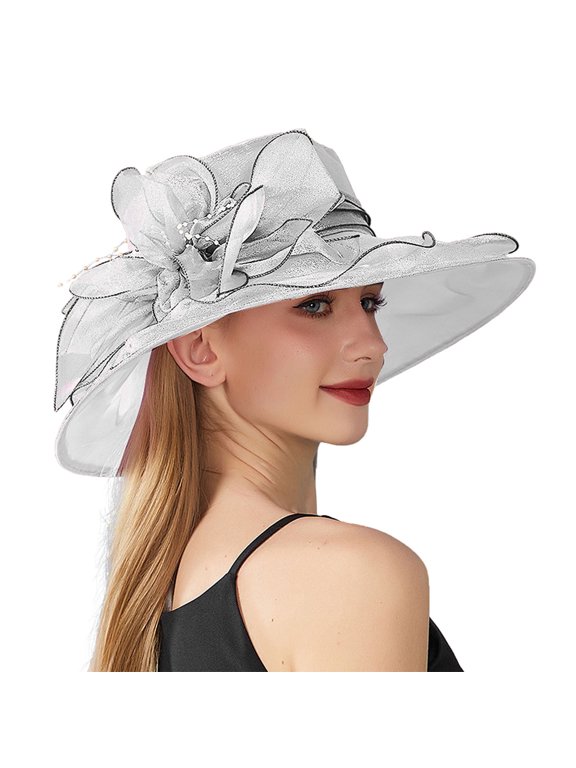 Ladies 3D Floral Bead Decor Wide Brim Organza Kentucky Derby Hat UV Protection Fascinator Dress Cap for Wedding Church Tea Formal Daily Wear White One Size