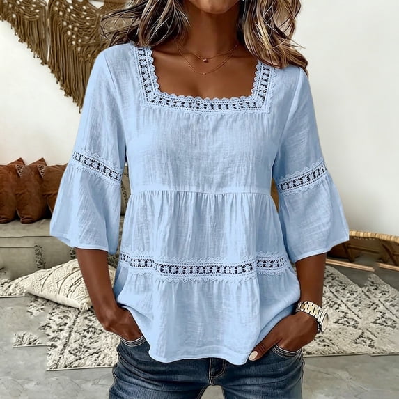 Nooxsoe Linen Blouses for Women 3/4 Sleeve Summer Gauze Shirts Dressy Casual Tunic Top Flowy Summer Shirt Plus Size Lightweight Tops Ladies Tops and Blouses A2-light Blue M