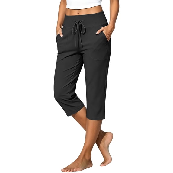 Nooxsoe Summer Travel Lounge Yoga Capri Pants for Women High Waist Drawstring Elastic Straight Mid-Calf Leg Side Patch Pockets Loose Fit Breathable Soft Stretch Casual Gym Golf Trousers Gray XXL