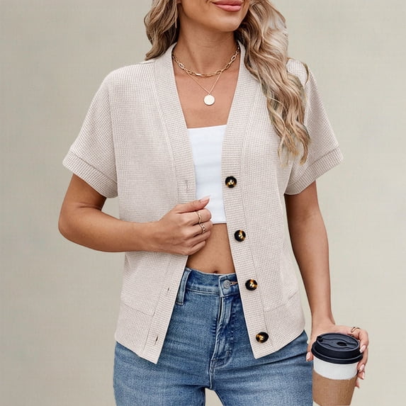 Nooxsoe Sweater Cardigan Women Short Sleeve Open Front Ribbed Knit Throw Over Cardigan Basic Cardigans for Women Cardigan with Pockets Beige L