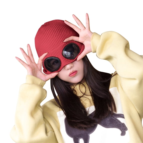 Nooxsoe Unisex Goggle Knitted Beanie Hat Windproof Warm Winter Cap Winter Hat Outdoor Sports Caps Stylish Ski Caps Hats Wine One Size