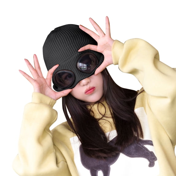 Nooxsoe Unisex Winter Beanie with Fixed Goggles, Double-layer Knit Hat with Soft Fleece Lining, Warm Windproof Cap Black One Size