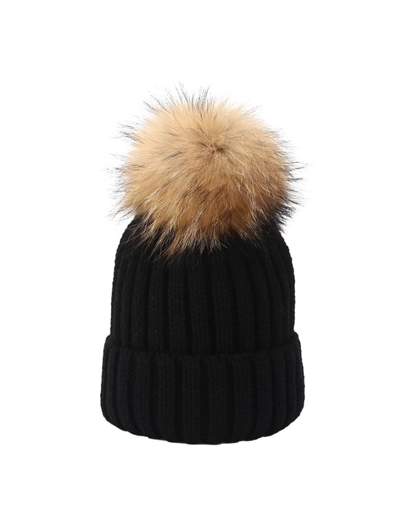 Warm Knit Beanie with Fluffy Pom Loose Hat Winter Warm Thick Stretchy Winter Ribbed Thick Beanie Winter Hat Beanie Knit Hat Women's Hats & Caps Black One Size