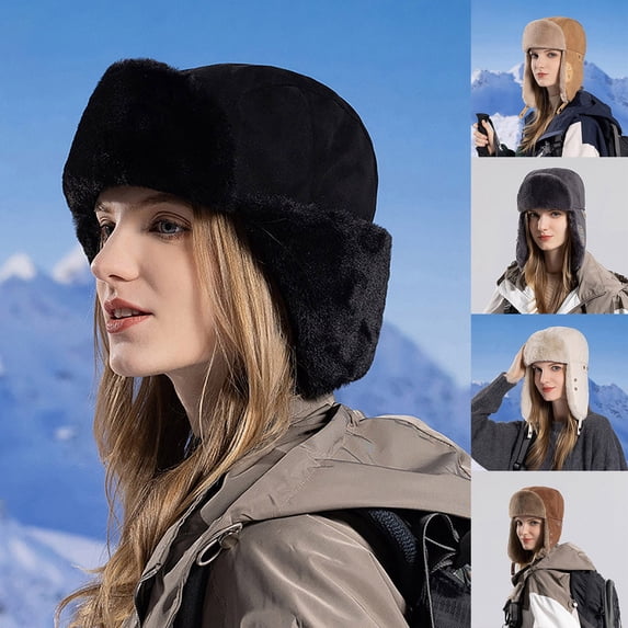 Nooxsoe Winter Trapper Hat for Women Men, Faux Fur Windproof Hat with Ear Flaps Warm Russian Ushanka Hunting Cap for Cold Weather Beige One Size