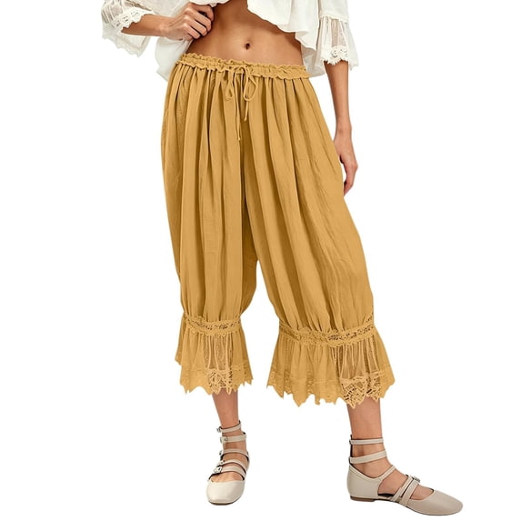 Nooxsoe Women Bloomer Pants Lace Loose Fit Ruffle Bloomers Elastic Waist Cropped Pumpkin Pettipants Pajama Bottom A1-gold M