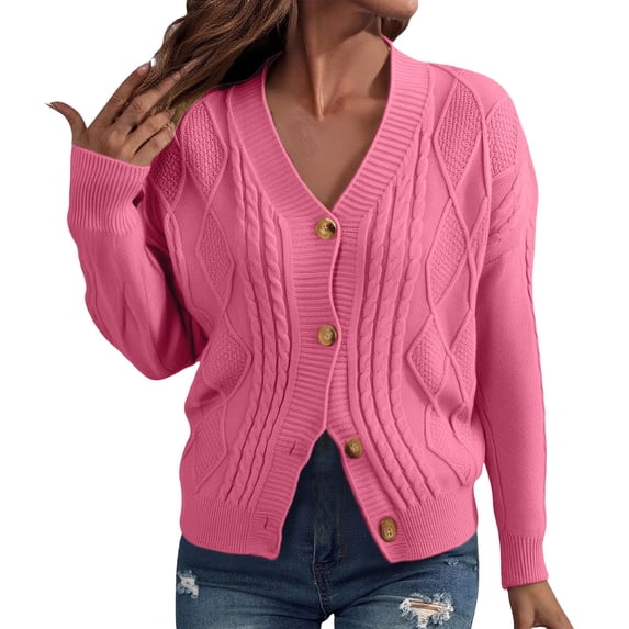 Nooxsoe Women Crop Cardigan Sweaters Winter Warm Knit Outerwear Lightweight Waist Length Open Front Cropped Cardigan Knitted Sweater Soft Knit V Neck Women's Cardigan Sweaters Hot Pink M