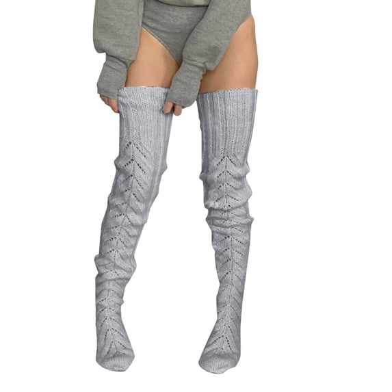 Nooxsoe Women Fleece Lined Thigh High Socks Over Knee Cable Knit Boot Socks Winter Warm Thermal Leg Warmer Stocking Gray One Size
