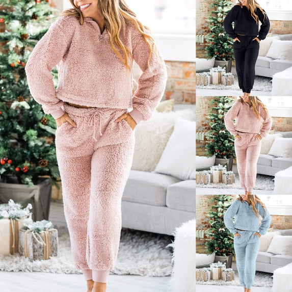 Nooxsoe Women Pajama Sets Winter Two-piece Pajamas Warm Pjs for Women Set Thermal Loungewear Pajama Set Warm Pajamas for Women Set Soft Winter Warm Winter Pjs Pajamas for Women Set Black L