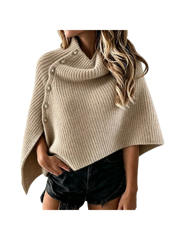 Women'S Turtleneck Sweater Poncho Capes Warm Knit Asymmetrical Cape Wrap Versatile Sweaters Khaki One Size