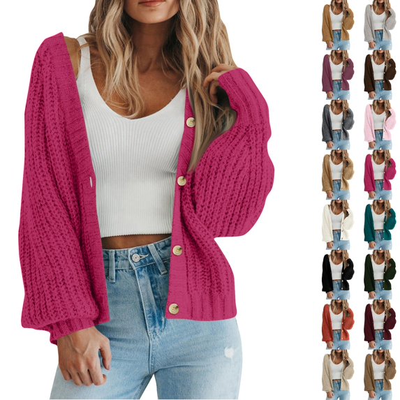 Nooxsoe Women's Cropped Cardigan Sweater V-neck Long Sleeve Flattering Fit Knit Sweater Cardigan Button Down Sweaters Cardigans Soft Comfort Women's Cardigan Sweaters Dark Gray S