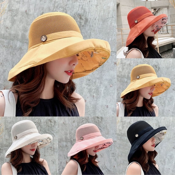 Nooxsoe Women's Floral-lined Beach Sun-hat Roll-up Wide-brim Bucket-hat Travel-fishing-hat with Detachable Chin-strap Red One Size