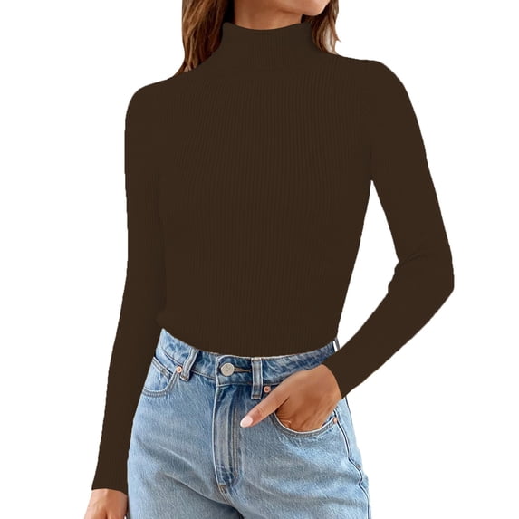 Nooxsoe Women's Slim-fit Long-sleeve T-shirt Workout Shirts Lightweight Yoga Casual Base Layer Casual Pullovers Tees Inside Top Top Fit Woman Top Brown One Size