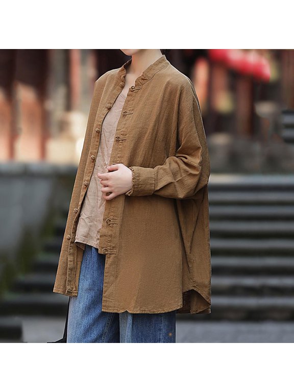 Women's Stand Collar Frog Button Linen Cotton Shirt Jacket Long Sleeve Oversized Relaxed Fit Side Pockets Vintage Chinese Zen Style Spring Autumn Layering Outer Coat Brown L
