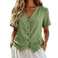 thumbnail image 1 of Nooxsoe Women’s Tailored Slim Fit Cotton Linen Shirts V Neck Collarless Short Sleeve Full Wooden Button Front Curved Hem Lightweight Gauze Top for Office Work Summer Beach Vacation Outfits Green 3XL, 1 of 5