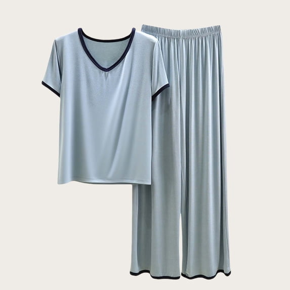 Nooxsoe Womens Linen Matching Pajama Sets Daily Sleepwear Round Crew Neck Short Cap Sleeve Front Floral Embroidery Elastic Waist Wide Leg Capri Pants Beach Airport Travel Lounge Outfits Blue 2XL