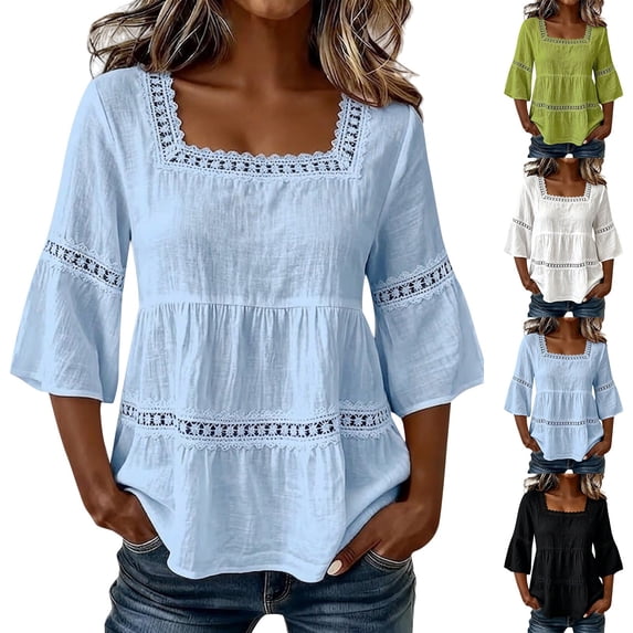Nooxsoe Womens Linen Tops and Blouses Womens Half Sleeve Shirts Empire Waist Tiered Blouses Cotton Eyelet Tops for Women Daily Wear Casual Shirts Breathable Casual Blouse Blouses for A1-pink S