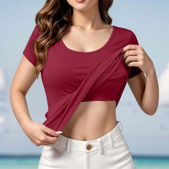 Nooxsoe Womens Short Sleeve Shirts with Built in Everyday Tank Padded Camisole Tops with Built in Fitted Cami Fit Scoop Neck Padded Tank Tops Crew Neck Cami Womens Tops A1-wine S
