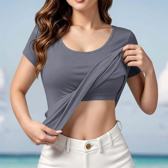 Nooxsoe Womens Short Sleeve Shirts with Built in Padded Camisole Tops Padded Tank Tops Under Shirts Soft with Built in Cami Top Casual Undershirt Tops Women Tops A2-gray 4xl
