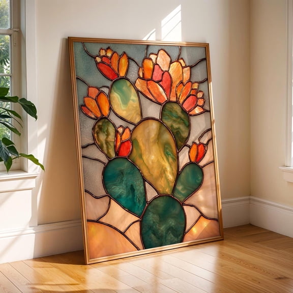 Nopal Cactus Stained Glass Poster Prickly Pear Wall Art Mexican Desert Botanical Poster Southwest Boho Poster Colorful Decor, Poster Only