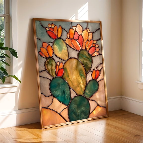 Nopal Cactus Stained Glass Prickly Pear Desert Flower Decor Unframed Paper Poster 16x20in