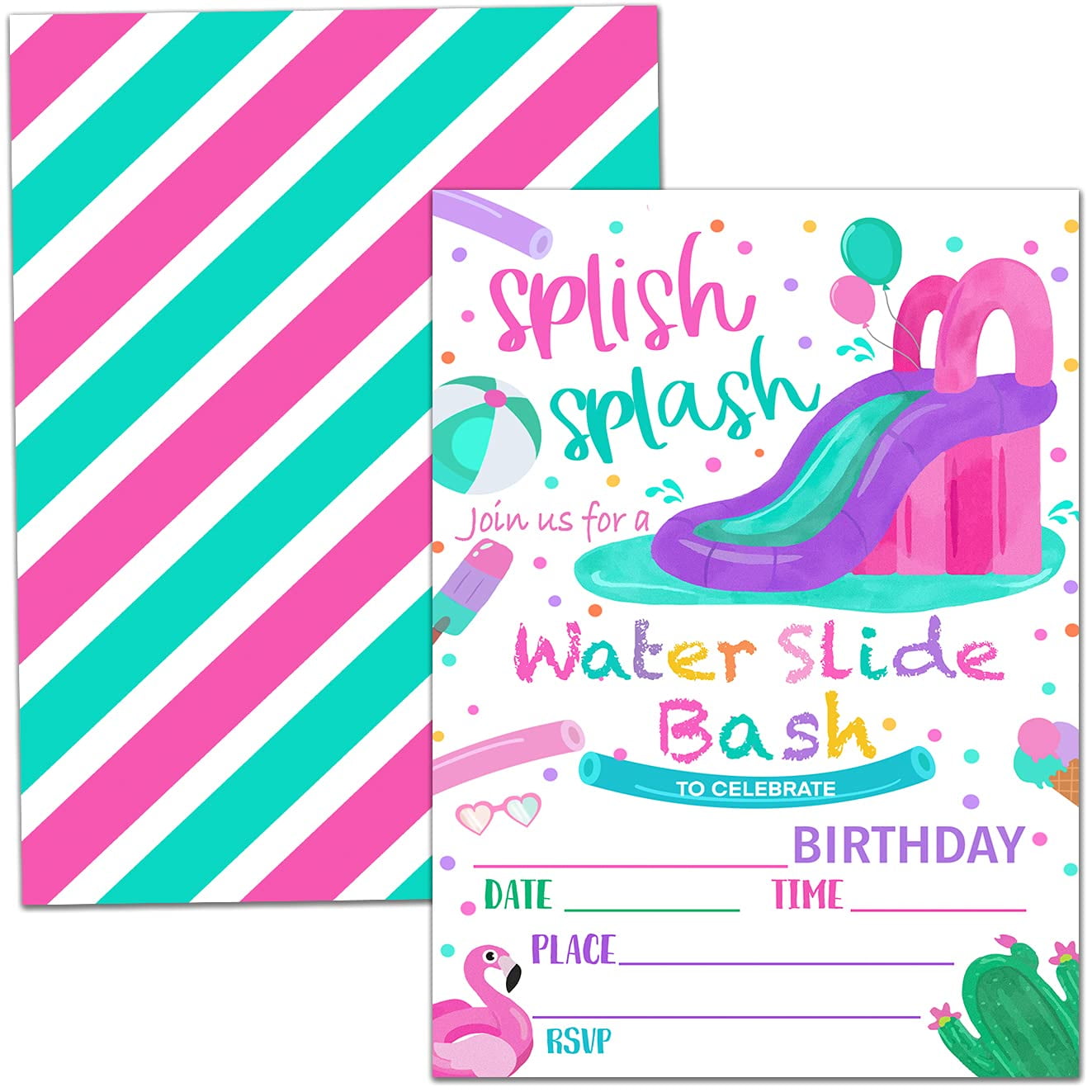 Splish Splash Water Slide Party Invitations – Set Of 20 With Envelopes, Fill-in Blank Summer Pool Theme