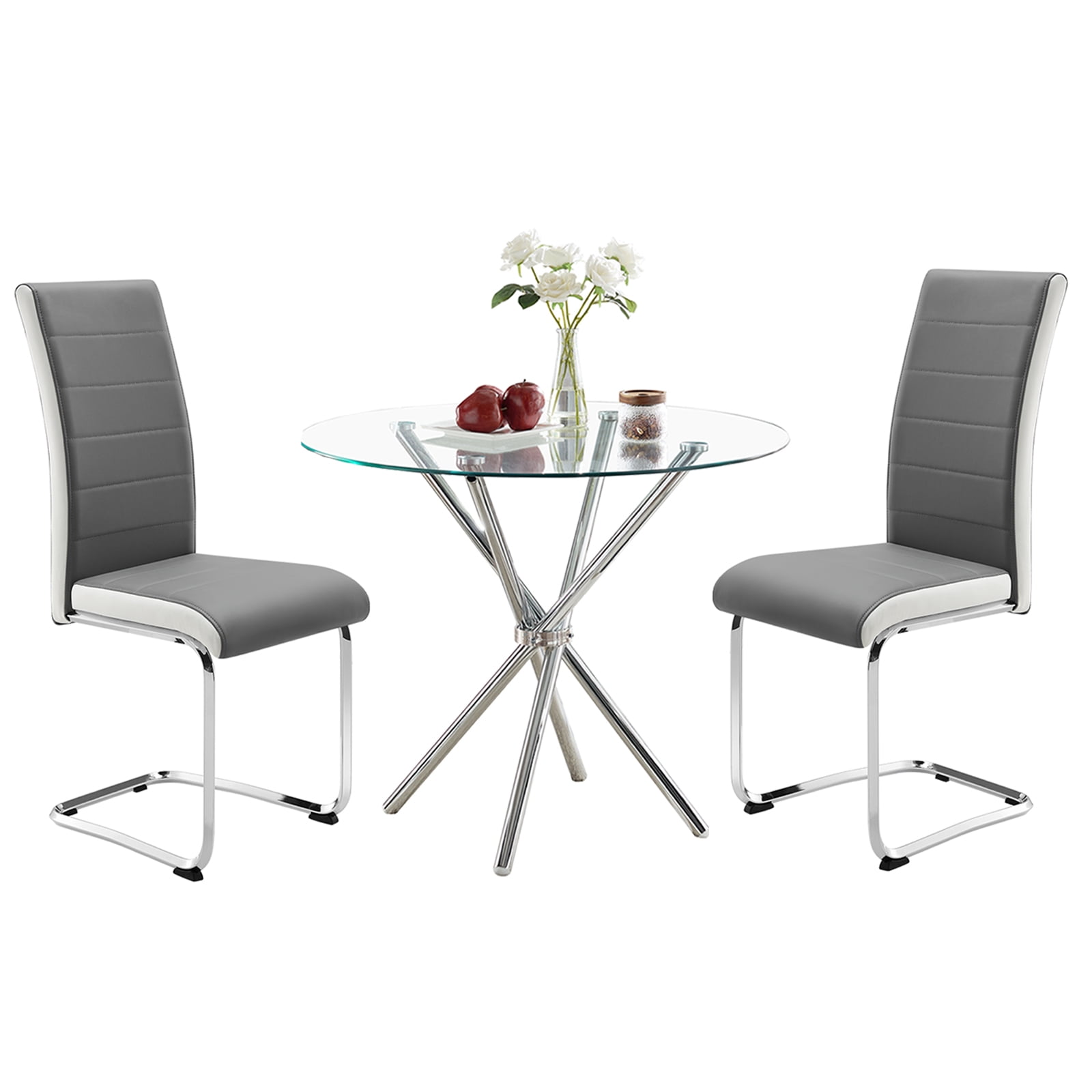 Nopurs 3 Pieces Dining Table Set for 2,Dining Room Tempered Glass Dining Table,2PCS Faux Leather