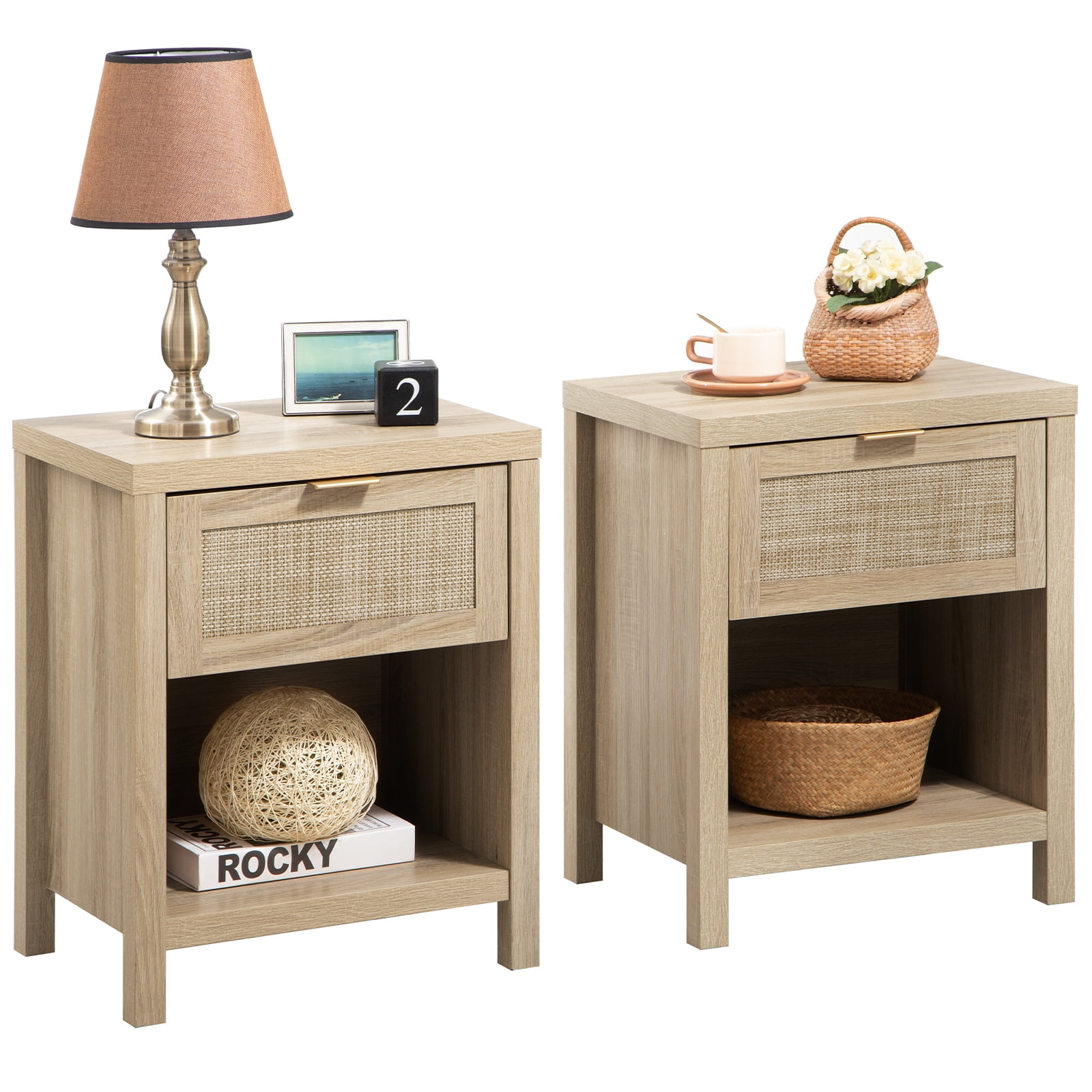 Nopurs Rattan Nightstand Set of 2,Farmhouse Night Stand with Drawer and