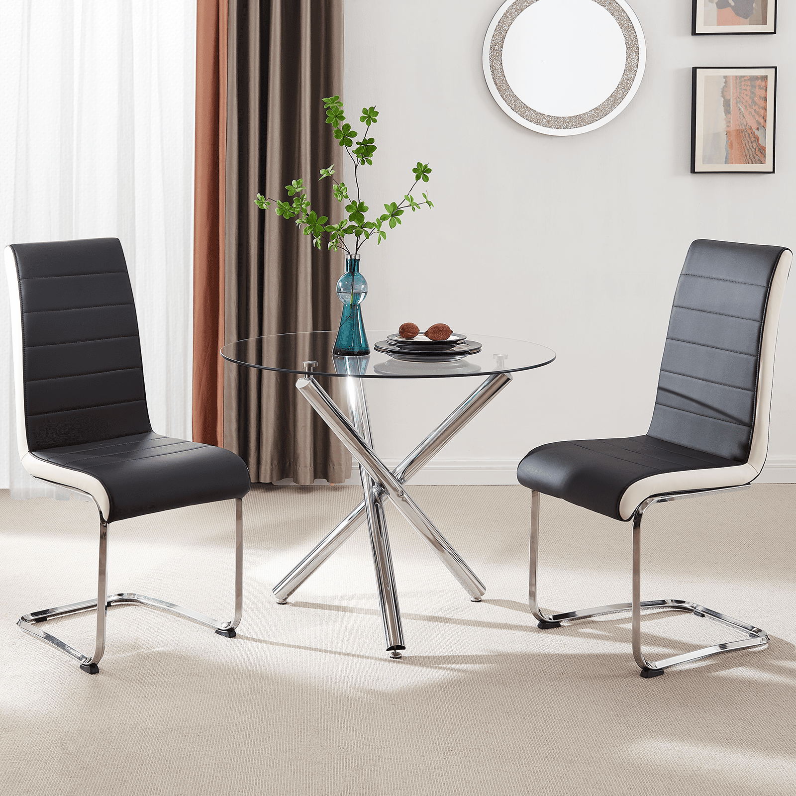 Nopurs Round Dining Table Set for 2,Modern Round Glass Table with Faux