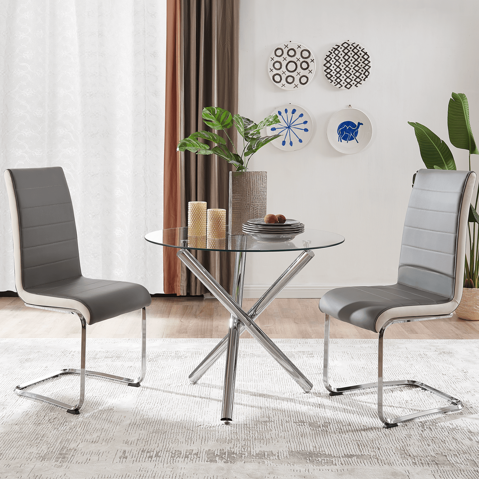 Nopurs Round Dining Table Set for 2 Modern Round Glass Table with Faux Leather High Back Dining Room Chairs for Dining Room Kitchen Table 2 Gray