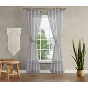 Nora Embroidery Sheer Tie Top Window Curtains with Tiebacks, Gray, 38x84