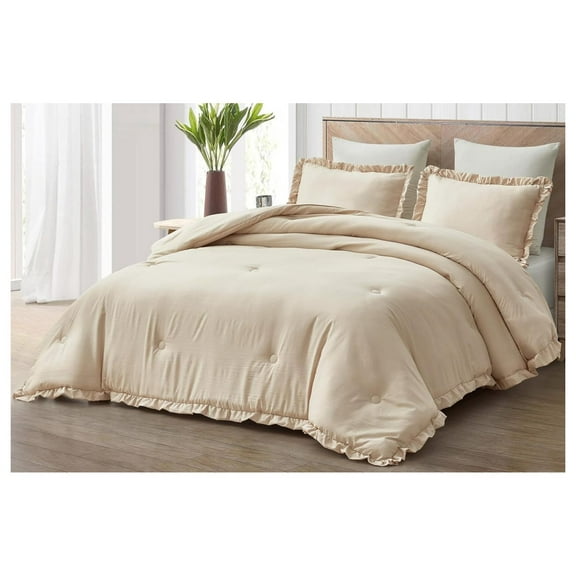 Nora Light Sand Comforter Set Queen Size 3-Piece Lightweight Fluffy Soft Lightweight Bedding Ruffled Edge Trim Stone-Washed Microfiber Comforter Set for All Season