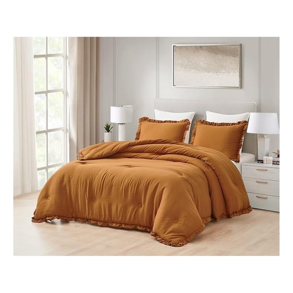 Nora Spice Orange Comforter Set Queen Size 3-Piece Lightweight Fluffy Soft Stone-Washed Ruffled Shabby Chic Bedding for All Season