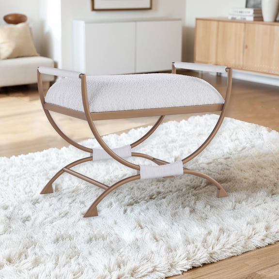 Nora White Boucle Fabric Accent Bench with Bronze Metal Frame & Cord Accents - Stylish Modern Seating