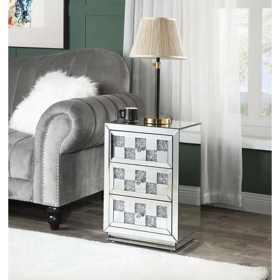 Noralie Mirrored & Faux Diamonds Accent Table - 1.3" Thick, 3 Drawers