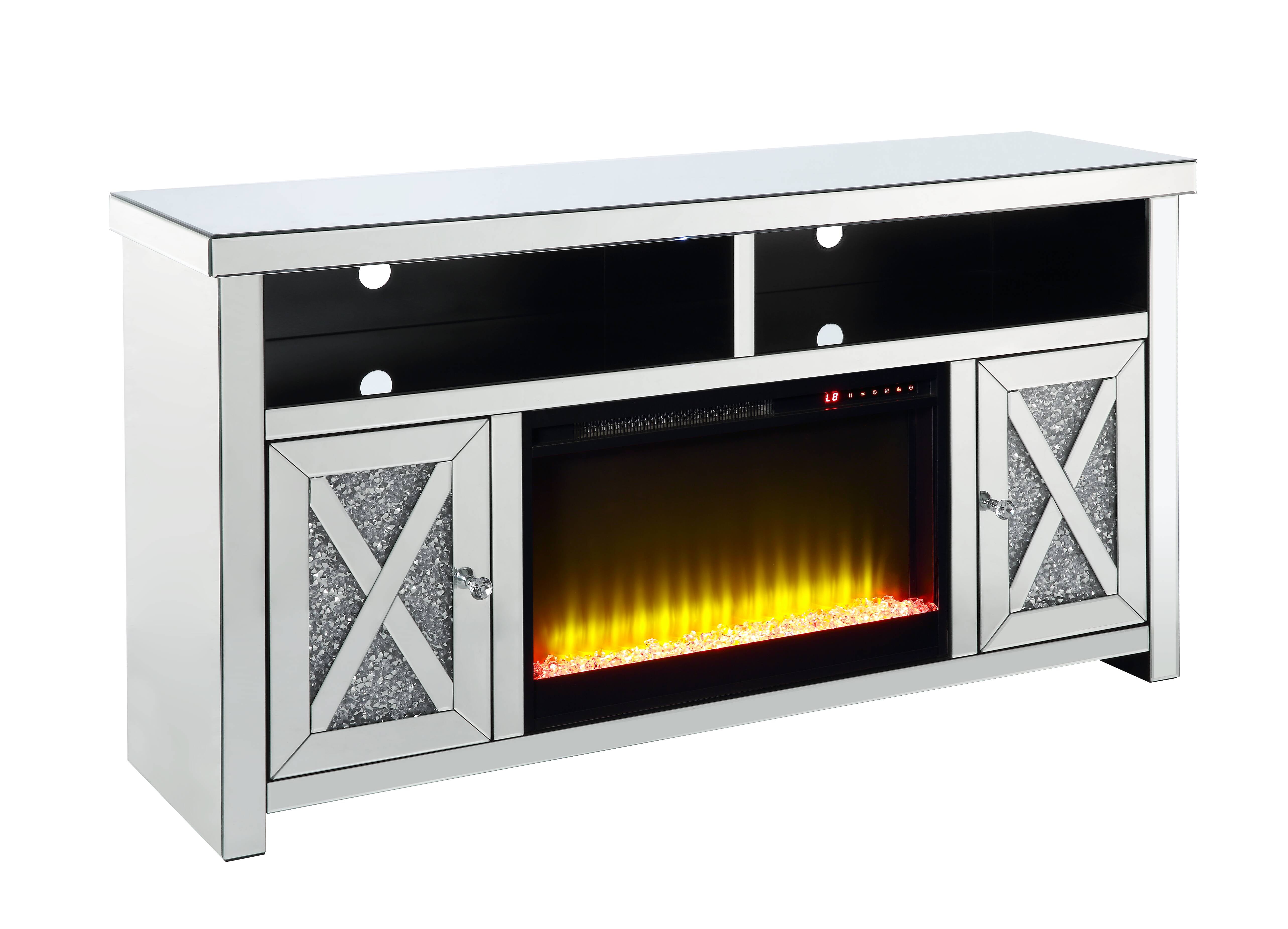 Noralie TV Stand with Fireplace in Mirrored & Faux Diamonds