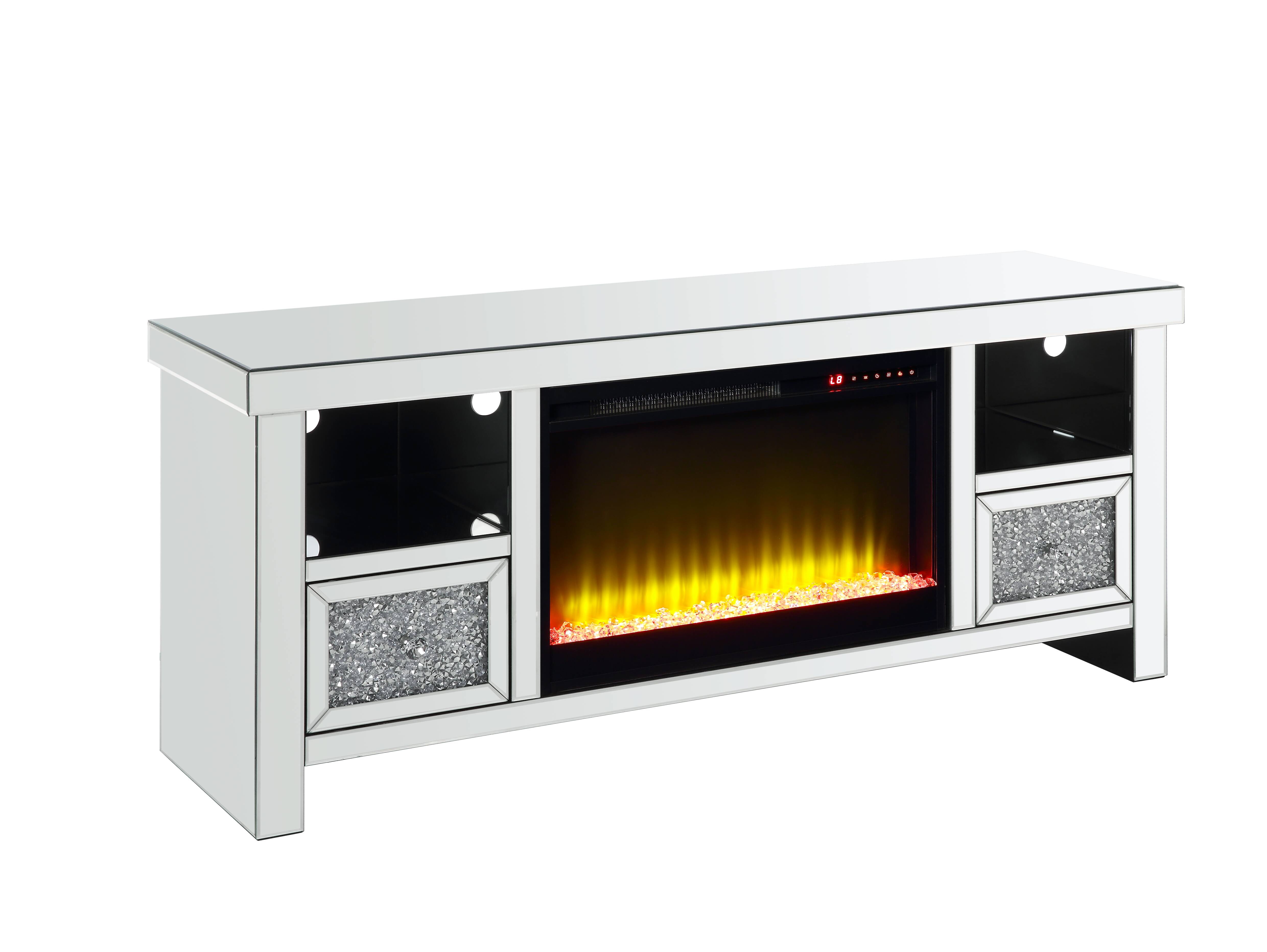Noralie TV Stand with Fireplace in Mirrored & Faux Diamonds
