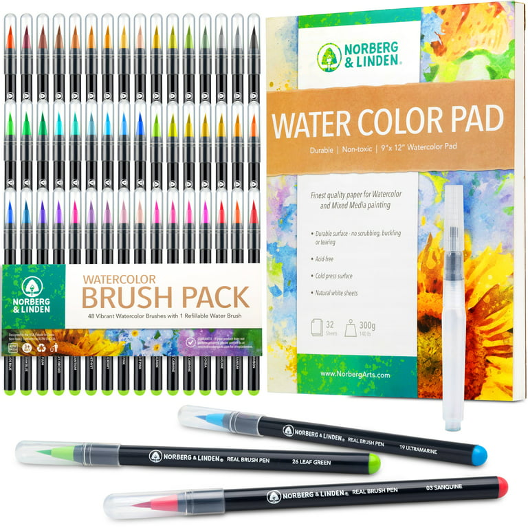 Norberg & Linden Real Waterbrush Set - 48 Watercolor Paint Markers, 1  Refillable Water Brush, Painting Pad - Nylon Tips for Drawing & Calligraphy  - Coloring Pens for Professional & Beginne 