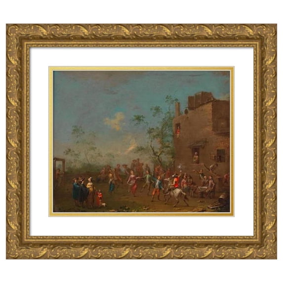 Norbert Joseph Carl Grund 14x12 Gold Ornate Wood Frame and Double Matted Museum Art Print Titled - Dance in Front of the Tavern (After the Wedding) (Approx. 1755-1760)