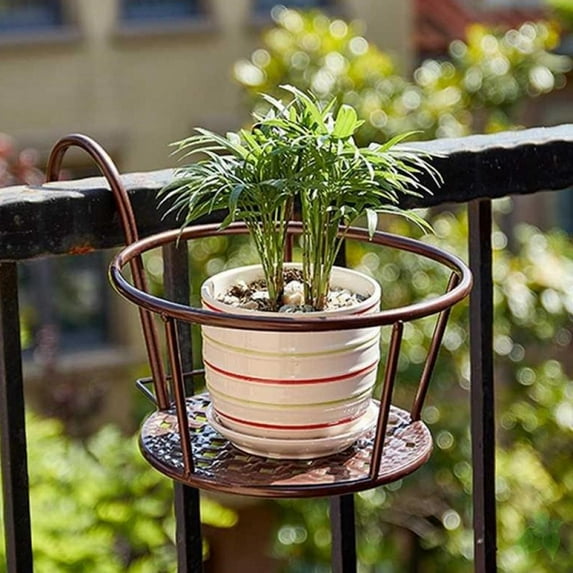 Norbi Hanging Railing Planters Flower Pot Holders Plant Iron Racks Fence Metal Potted Stand Mounted Balcony Round Plant Baskets Shelf Container Box for Indoor Bronze