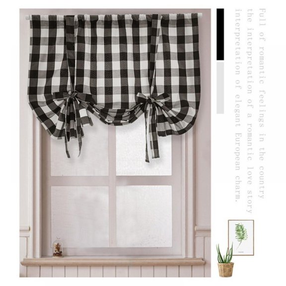 Norbi Plaid Gingham Custom Fit Farmhouse Window Curtain Tie Up Shades For Small Windows Black 23.61*47.22in