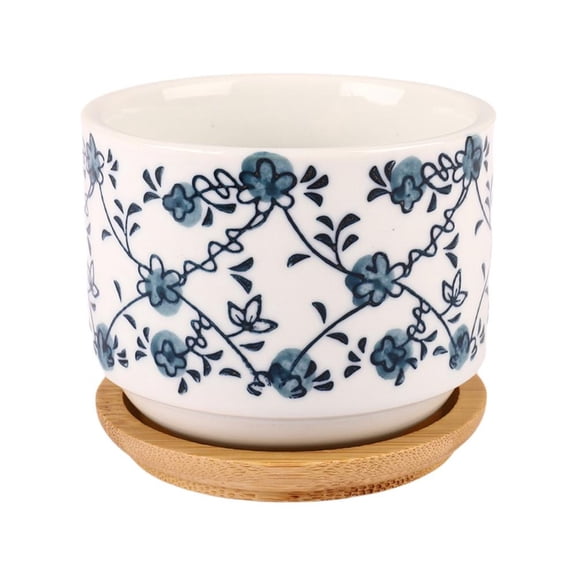 Norbi Small Ceramic Japanese Style Succulent Pot with Drainage Bamboo Tray, White Cactus Plant Container Planter Pot for Home Decor, Excluding Plants #D 3Inch