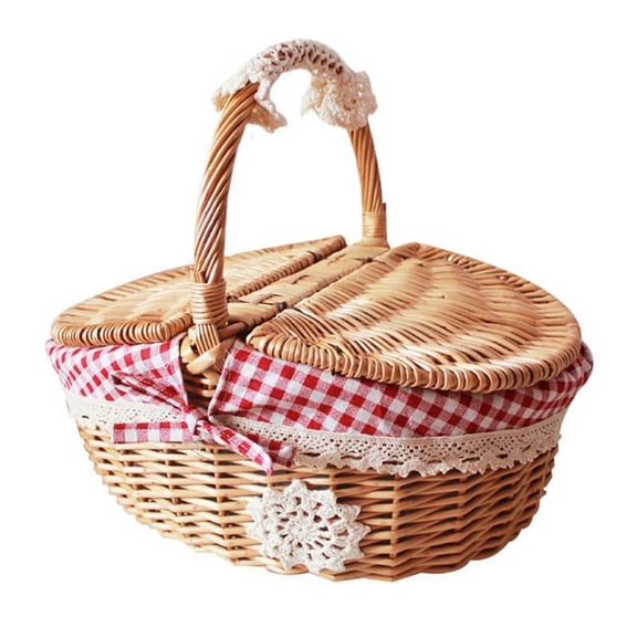 Norbi Wicker Woven Storage Baskets Picnic Food Beverage Storage Container Handmade Rattan Basket with Lid Outdoor Storage Organizer Blue Grid Lining