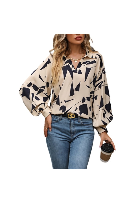 Women's Lapel V Neck Blouse Business Casual Tops Lantern Long Sleeve Geometric Patterns Shirt Top Tunic Pullover Tops S-XL