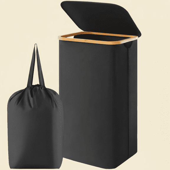 Norcho 100L Laundry Basket with Lid, Large Foldable Laundry Hamper with Bamboo Handles and Removable Bag, Black