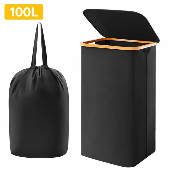 Norcho 100L Laundry Basket with Lid, Large Foldable Laundry Hamper with Bamboo Handles and Removable Bag, Black