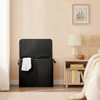 Norcho Double Laundry Hamper with Lid, Divided Laundry Basket with Removable Bags and Handles, Large Separated Clothes Basket, Black